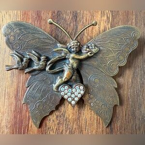 VTG Banana Bob Brooch Large Angel Birds Butterfly Pin Art Deco Style Rhinestone